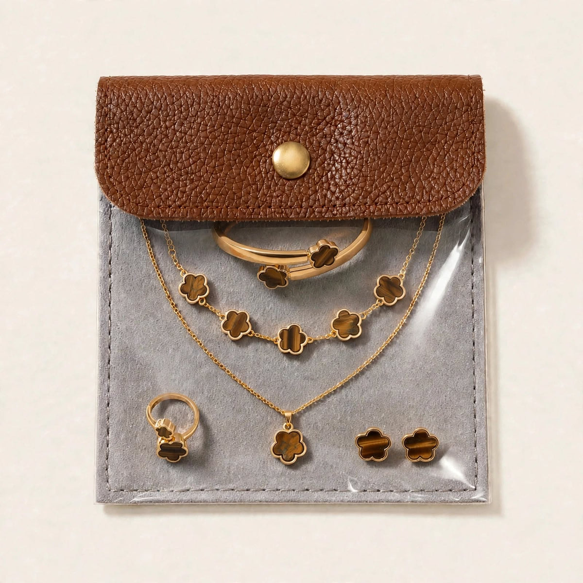 Brown Clover Set - tarnish-proof gold-tone jewellery