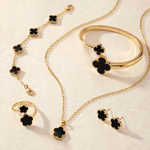 Clover Set - gold-tone black clover jewellery set by Sorisso Gioielli
