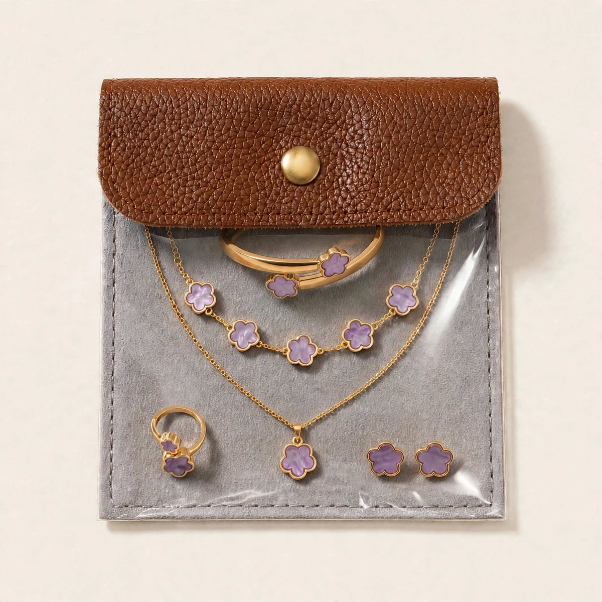 Lilac Pink Clover Set - tarnish-proof gold-tone jewellery