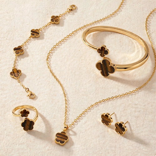 Clover Set - gold-tone brown clover jewellery set, product photo